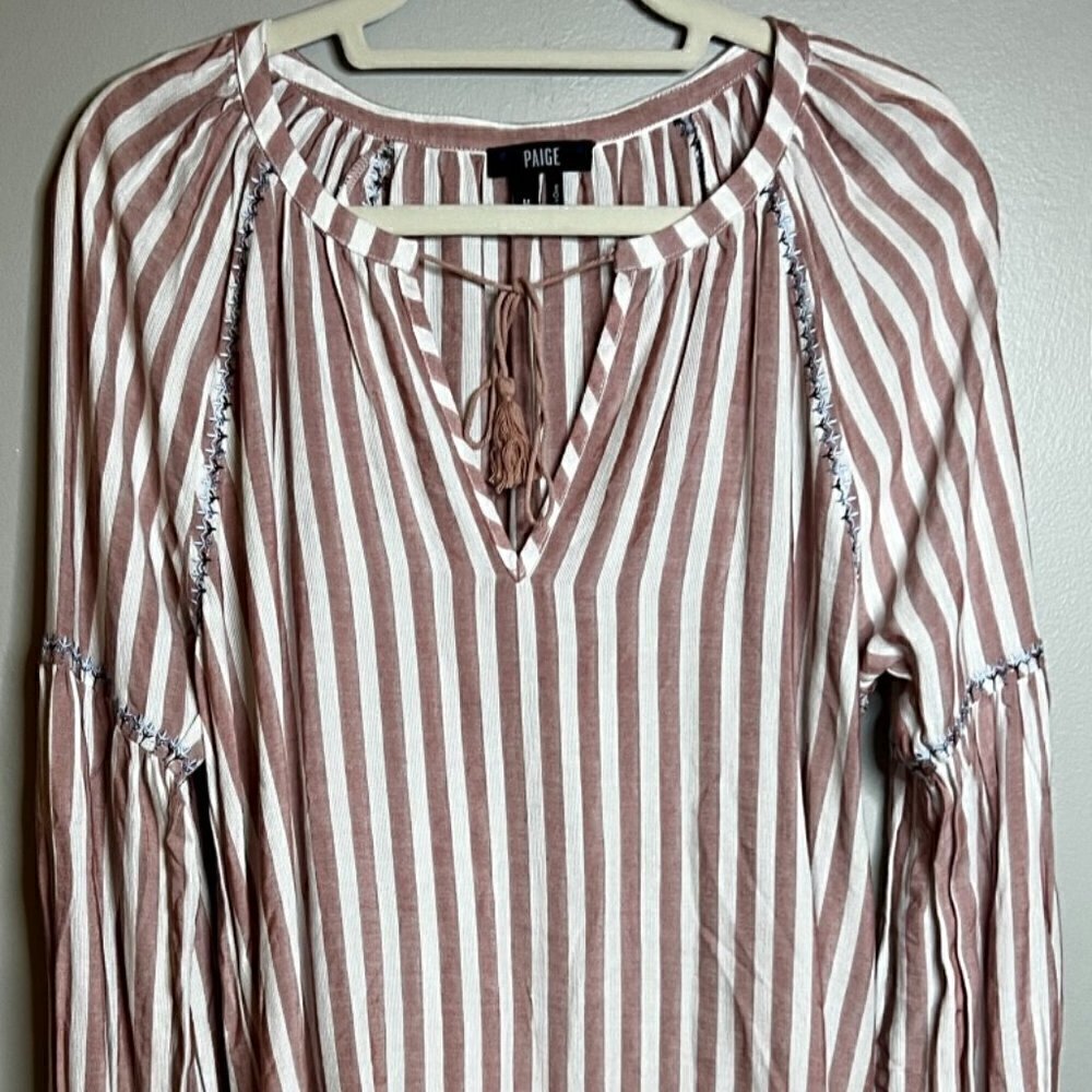 Paige Jovannie Blouse Split Neck Stripe Balloon Sleeve Size M